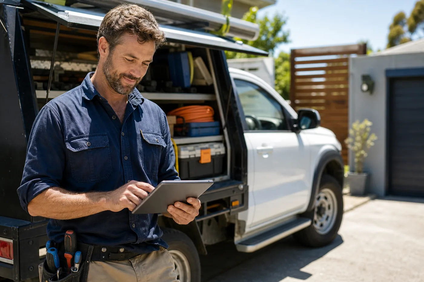 Business owner using a tablet beside a work vehicle